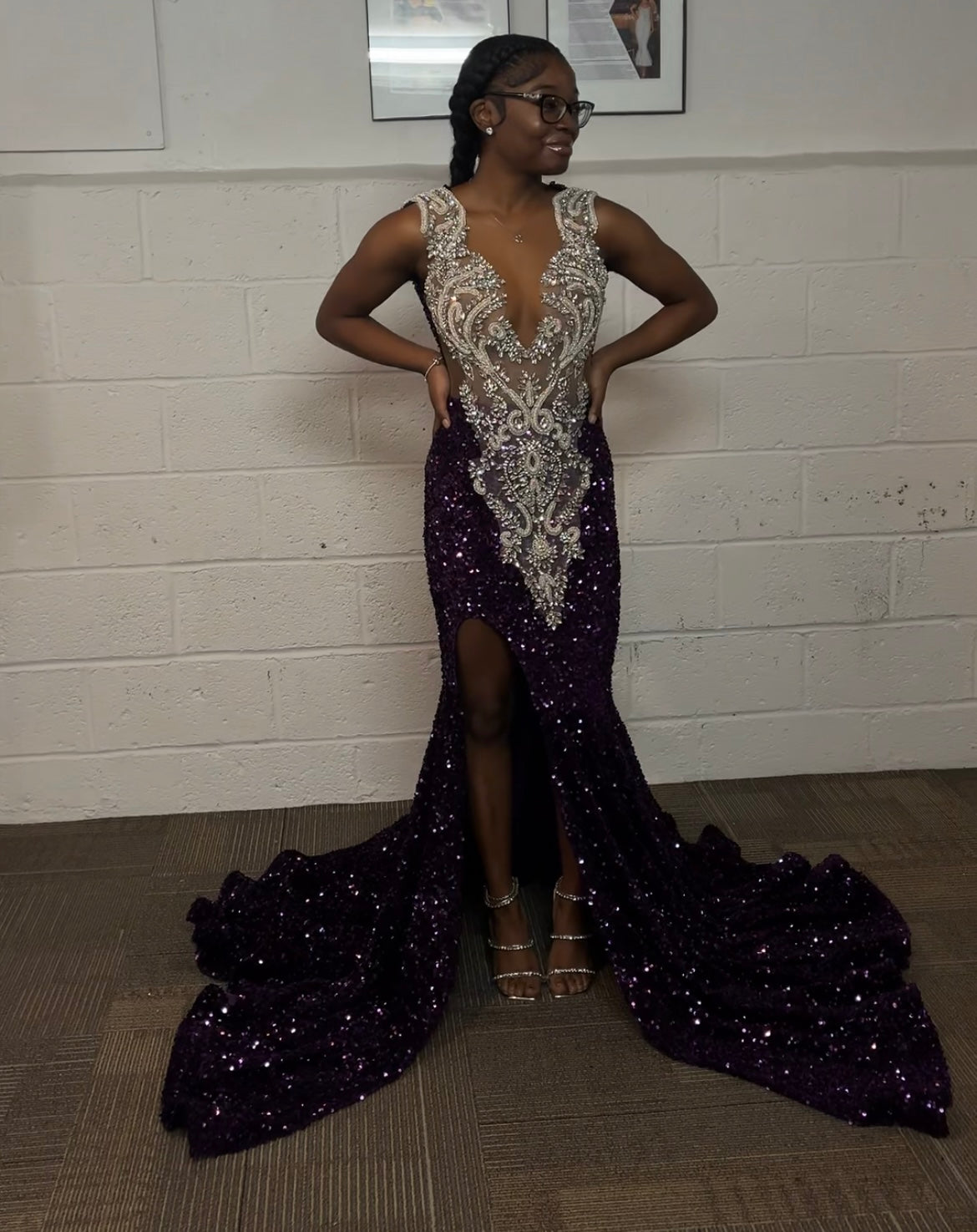 Purple Rhinestone Mermaid Dress with Slit