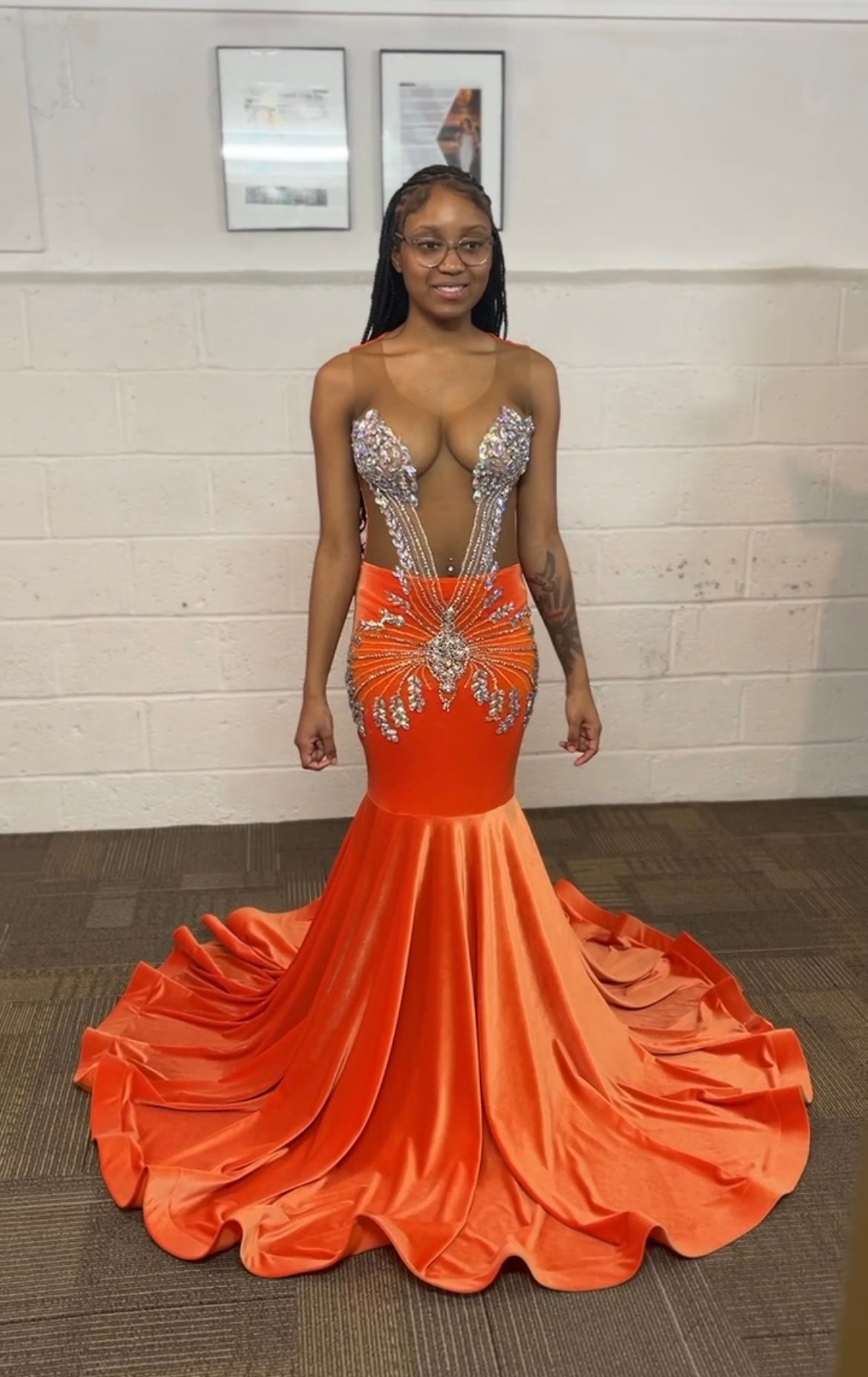 Orange Iridescent Rhinestone Mermaid Dress