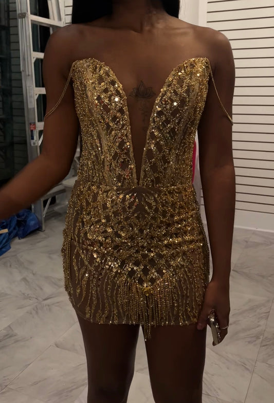 Gold Beaded Corset Mini Dress