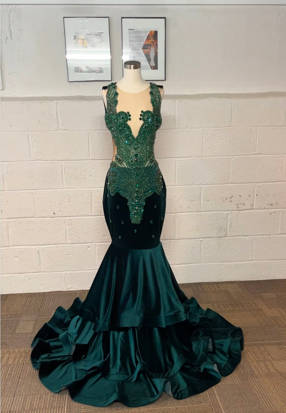 Forrest Green Rhinestone 3-Train Mermaid Dress