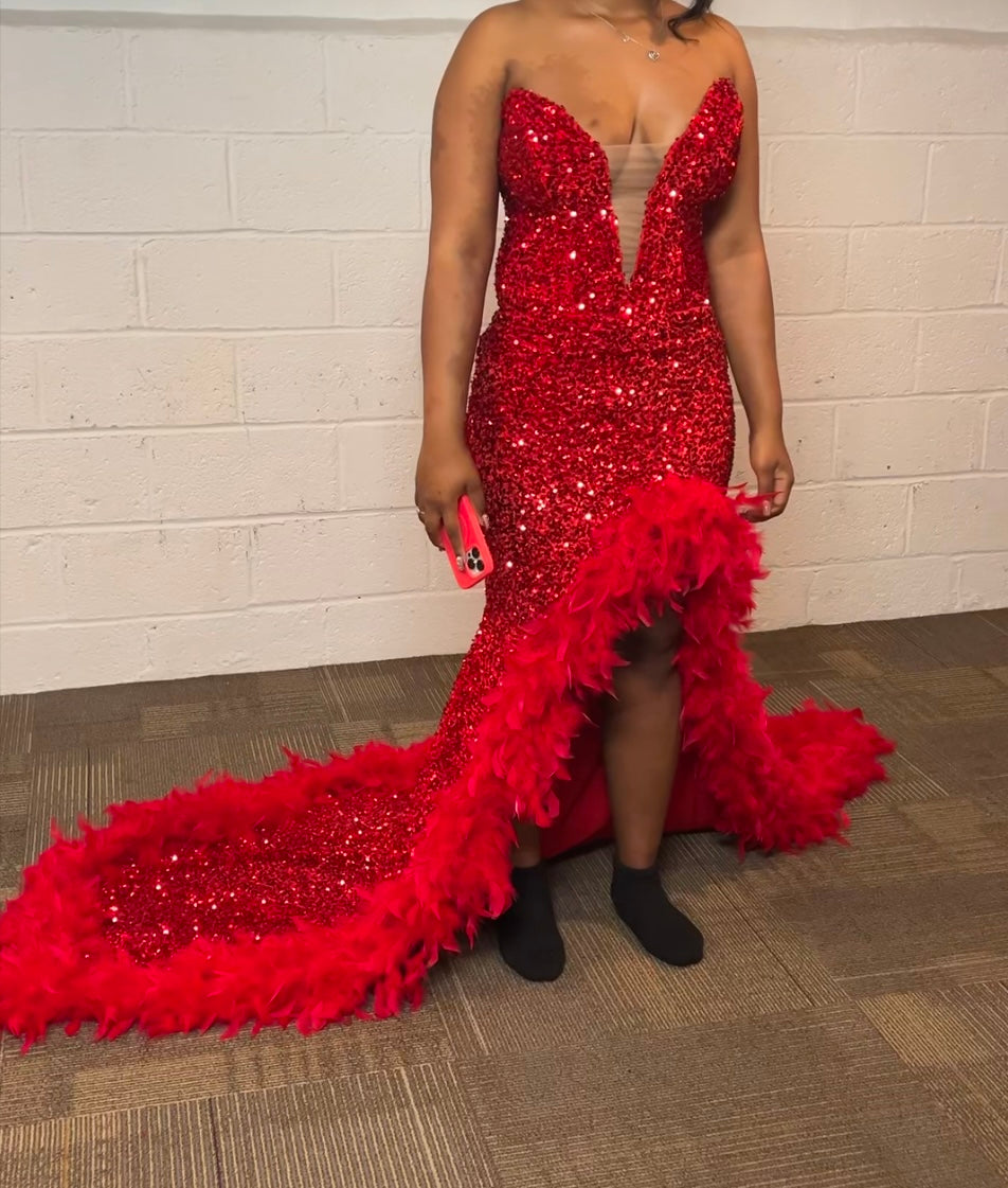 Red Corset Sequin Mermaid Dress with Slit/Faux Feathers