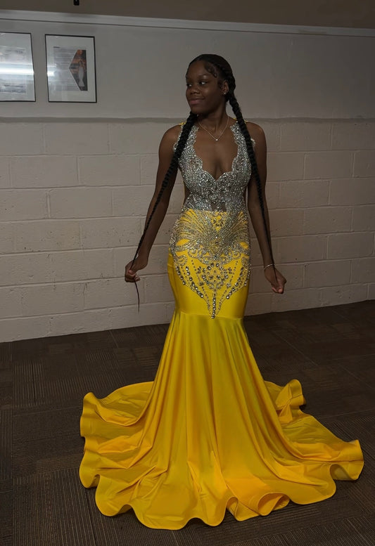 Yellow/Silver Rhinestone Mermaid Dress