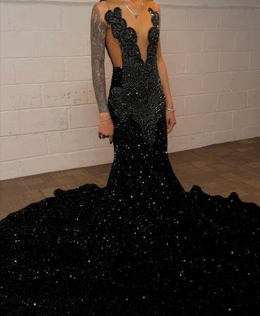 Black Rhinestone Sequin Mermaid Dress