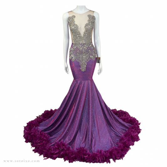 Elegance 2 Tone Purple Mermaid Dress with Silver Rhinestones Faux Feathers