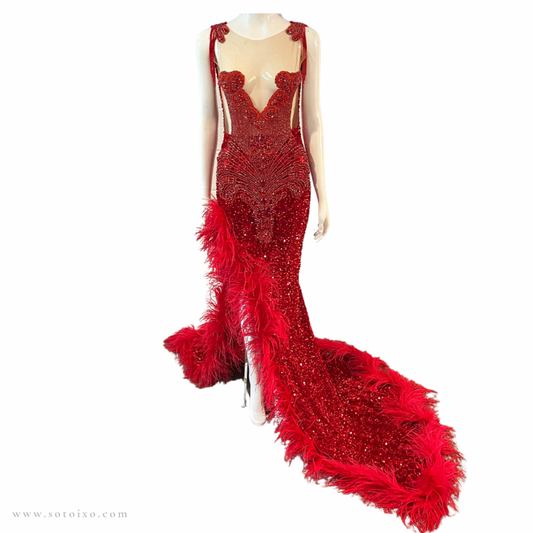 Scarlet Sequin Rhinestone Mermaid Dress with Faux Feathers